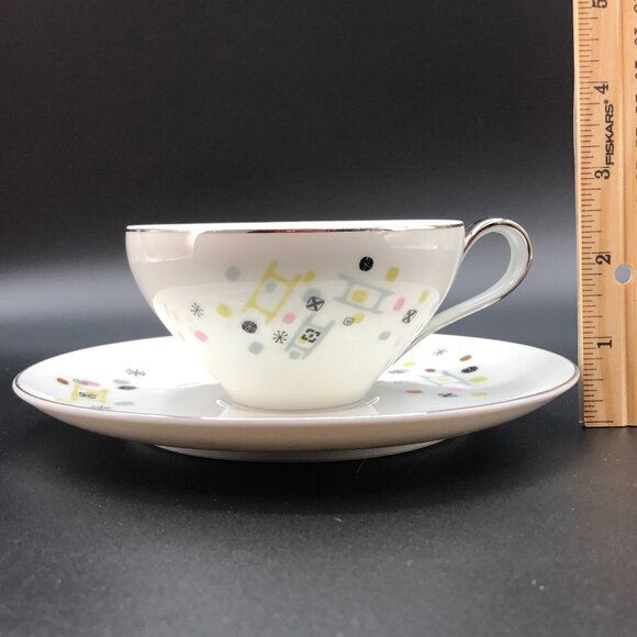 Vintage Tea Cup Saucer Set 50s Frolic pattern Mid Century Atomic Dinnerware - Picture 10 of 10